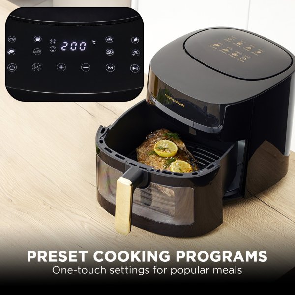 morphy richards 6.5l digital air fryer mraf72bk w/led touch control panel 8 preset cooking programs non stick drawer