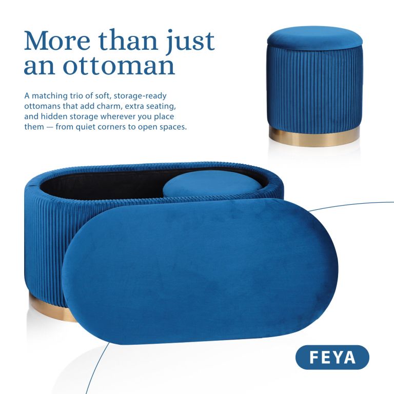 3 piece set storage ottoman blanket box velvet padded bench stool faye blue