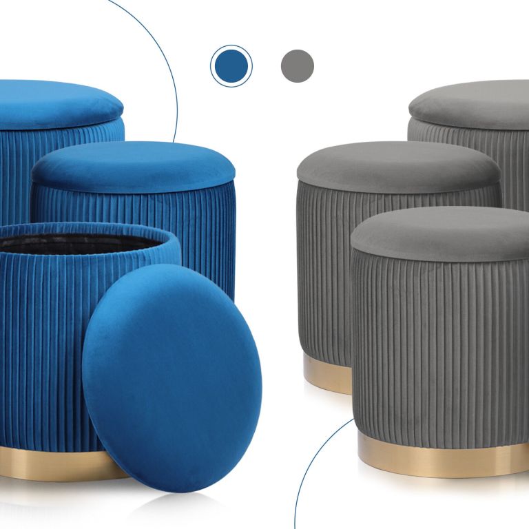 3 piece set storage ottoman blanket box velvet padded bench stool faye blue