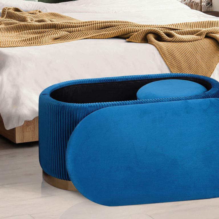 3 piece set storage ottoman blanket box velvet padded bench stool faye blue