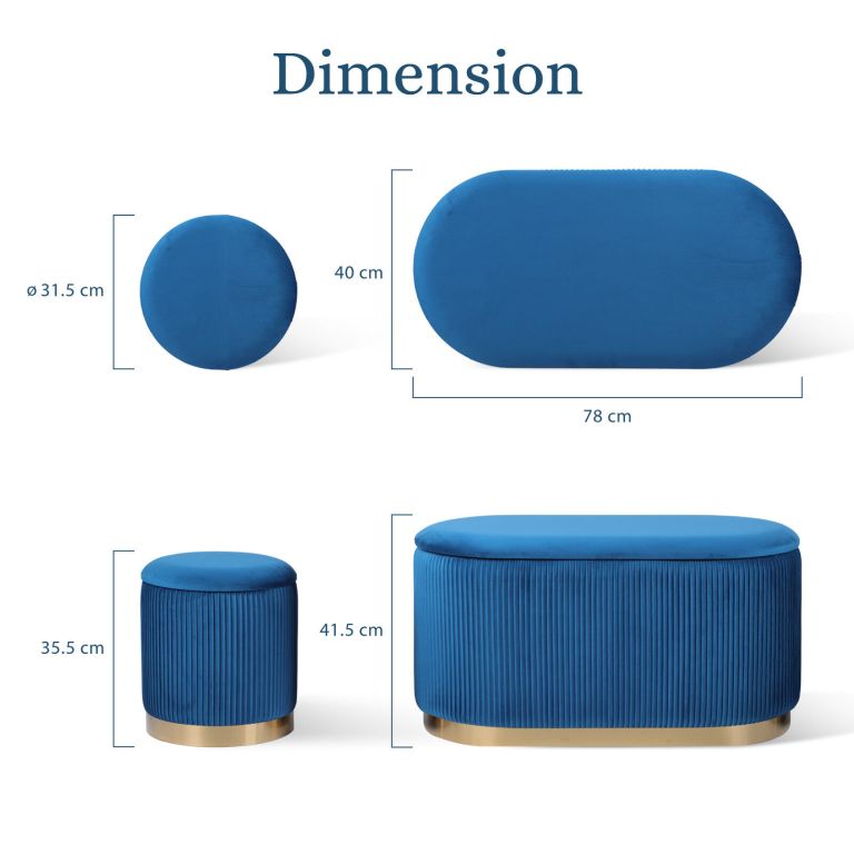 3 piece set storage ottoman blanket box velvet padded bench stool faye blue