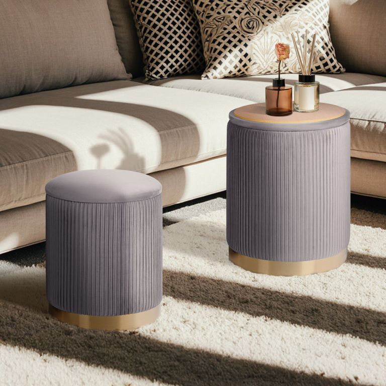 2x side table storage ottoman velvet stool mira grey 2x side table storage ottoman velvet stool mira grey