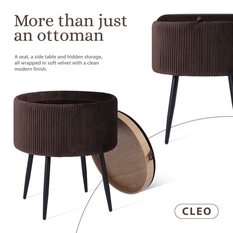 side table storage ottoman velvet padded stool vanity footstool cleo brown