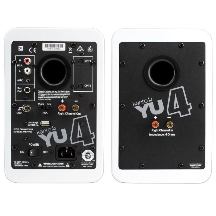kanto yu4 140w powered bookshelf speakers with bluetooth and phono preamp pair, matte white