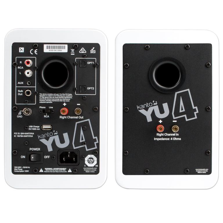 kanto yu4 140w powered bookshelf speakers with bluetooth and phono preamp pair, matte white
