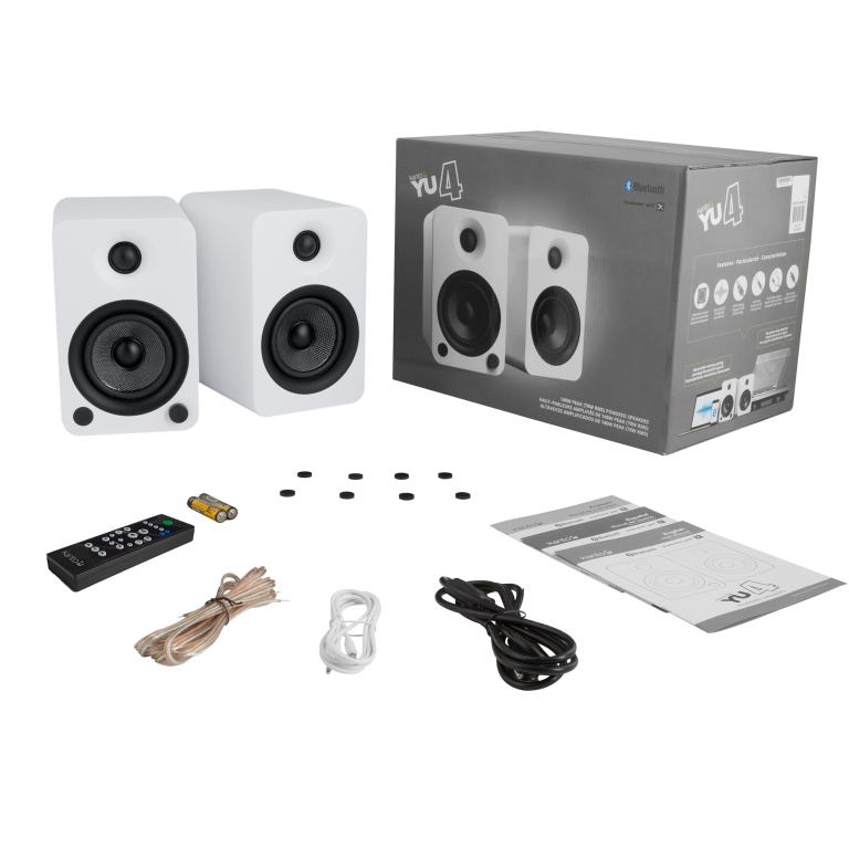 kanto yu4 140w powered bookshelf speakers with bluetooth and phono preamp pair, matte white
