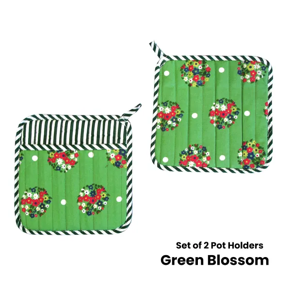 set of 2 100% cotton printed pot holders 22 x 22 cm green blossom