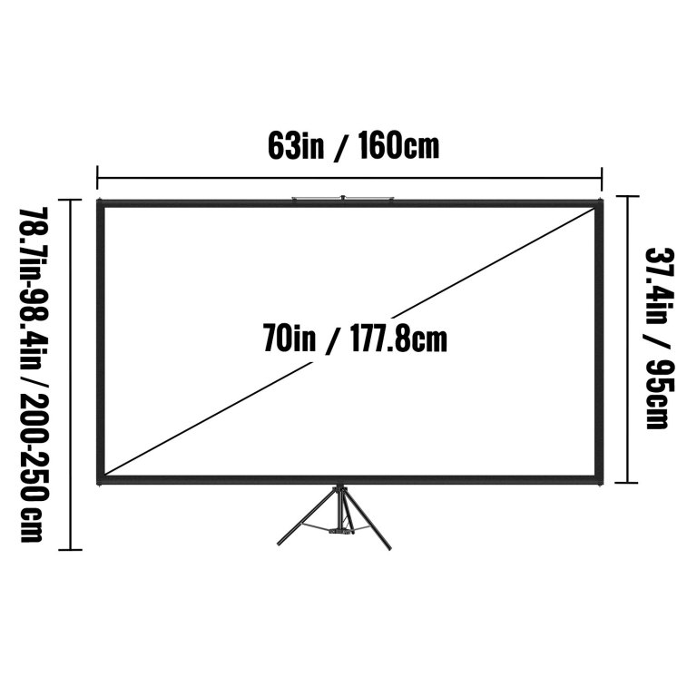 vevor tripod projector screen with stand 70 inch 16:9 4k hd projection screen stand wrinkle free height adjustable portable screen for projector indoor & outdoor for movie, home cinema, gaming, office