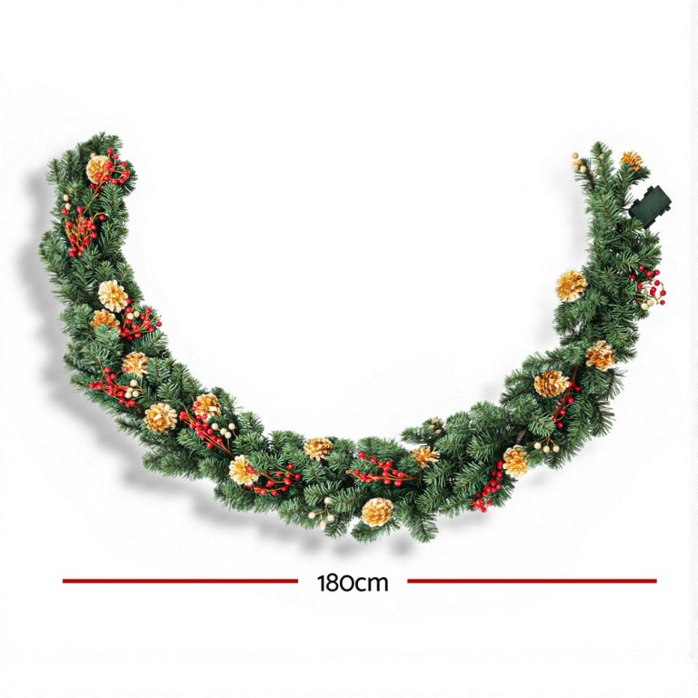 jingle jollys 1.8m christmas garland pre lit led pine cones berries xmas decor