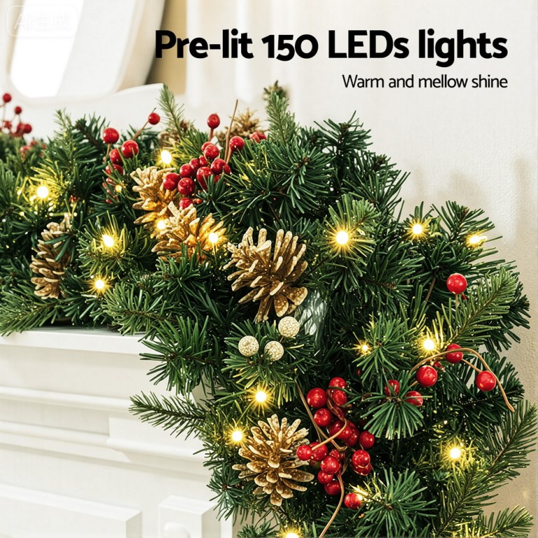 jingle jollys 1.8m christmas garland pre lit led pine cones berries xmas decor