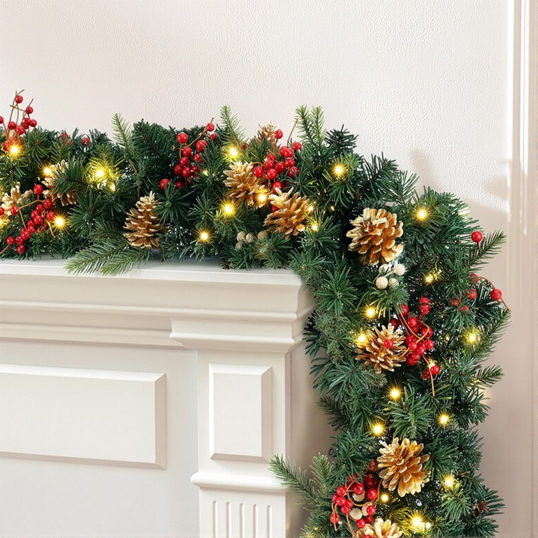 jingle jollys 1.8m christmas garland pre lit led pine cones berries xmas decor