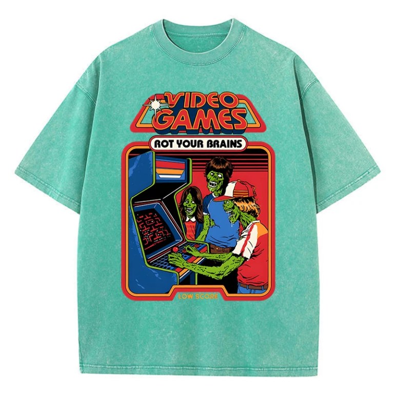 Video Games Rot Your Brains Washed Retro Mens T-Shirt Cotton Loose Tees Cotton Oversize Streetwear Breathable Tshirt Couple 1