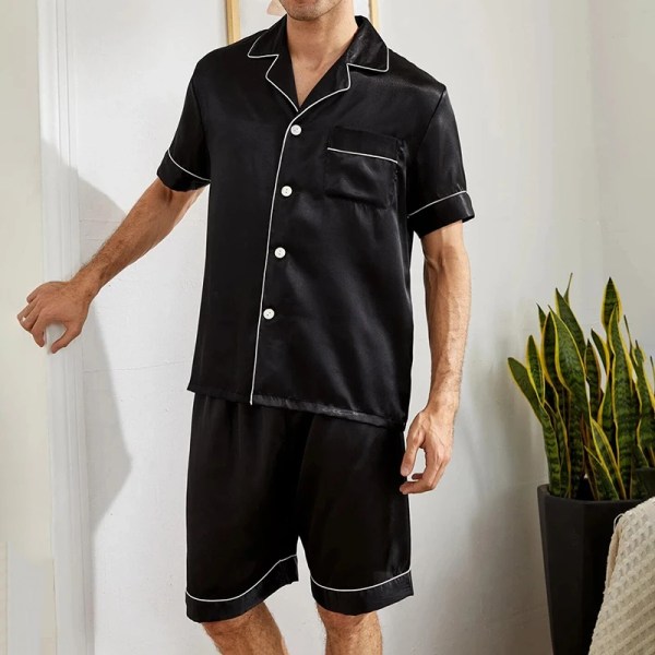 Men Satin Pajama Set Sleepwear for Man Summer Short Sleeve Button-Down Shirt & Shorts Pajamas 2 Piece Home Clothes Short Suit 3