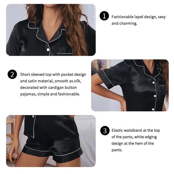 women's pajamas set satin sleepwear button down tops and shorts pajama 2 piece suit pyjama femme nightwear loungewear for summer Women\'s Pajamas Set Satin Sleepwear Button Down Tops and Shorts Pajama 2 Piece Suit Pyjama Femme Nightwear Loungewear for Summer 4