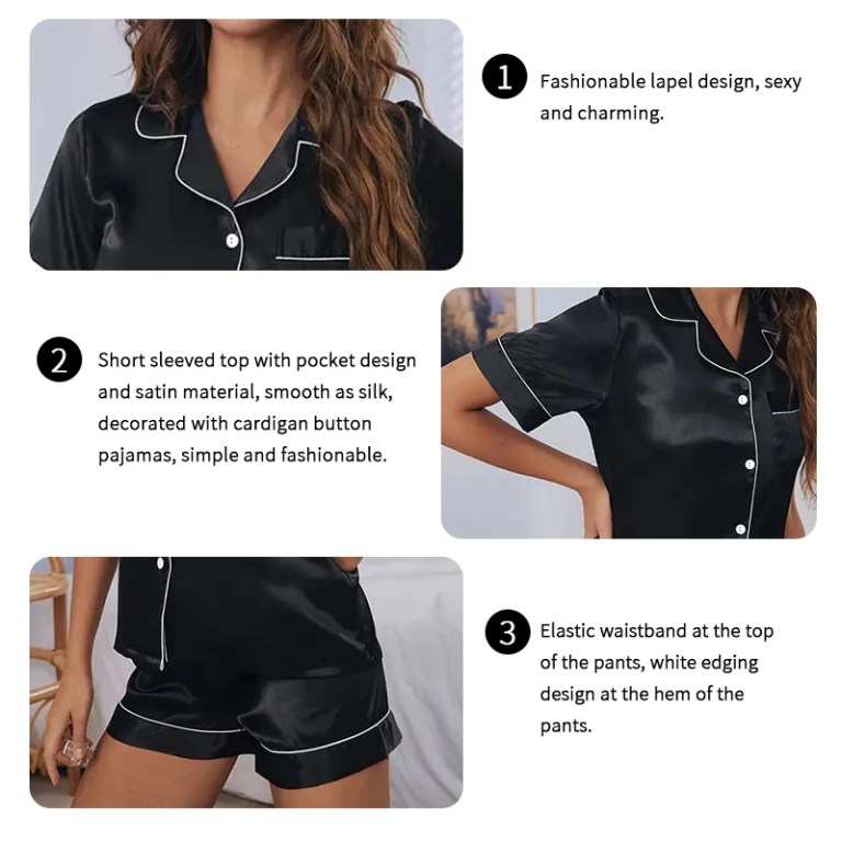 Women\'s Pajamas Set Satin Sleepwear Button Down Tops and Shorts Pajama 2 Piece Suit Pyjama Femme Nightwear Loungewear for Summer 4