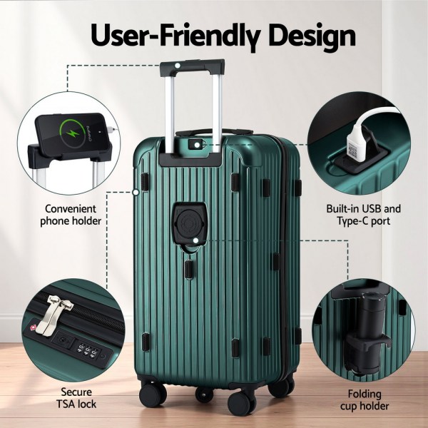 wanderlite 28 trunk luggage suitcase travel 5 wheels type c port tsa green"