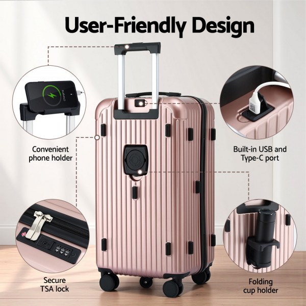 wanderlite 28 trunk luggage suitcase travel 5 wheels type c port tsa rose gold"