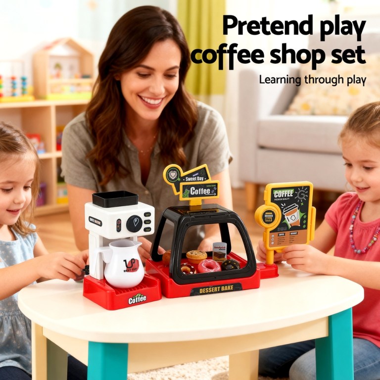 keezi kids pretend role play toy coffee shop with coffee maker machine play money food tea party set