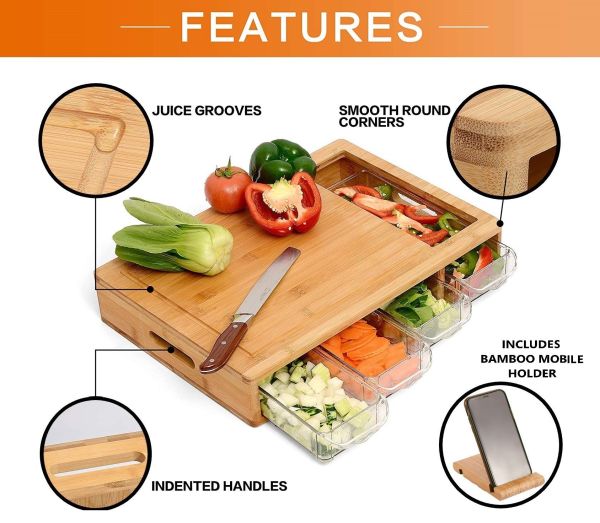 large bamboo cutting board and 4 containers with mobile holder gift included for home kitchen large bamboo cutting board and 4 containers with mobile holder gift included for home kitchen