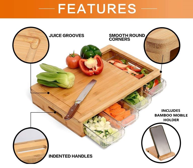 large bamboo cutting board and 4 containers with mobile holder gift included for home kitchen large bamboo cutting board and 4 containers with mobile holder gift included for home kitchen