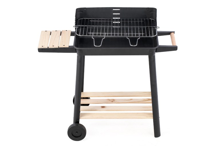 charcoal grill bbq with manual rotisserie stick on trolley stand