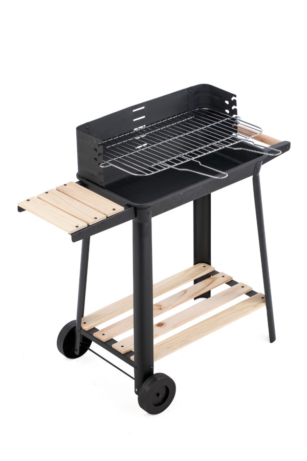 charcoal grill bbq with manual rotisserie stick on trolley stand