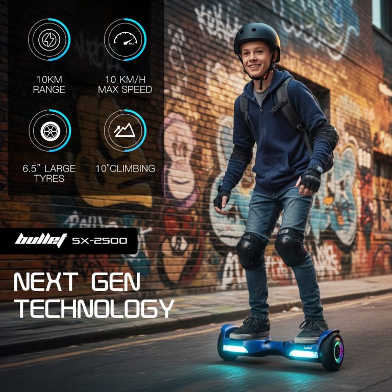 bullet sx 2500 hoverboard scooter, 500w brushless, ul certified, au compliant, 6.5 inch off road style tyres, superior self balancing system, led lights, blue bullet sx 2500 hoverboard scooter, 500w brushless, ul certified, au compliant, 6.5 inch off road style tyres, superior self balancing system, led lights, blue