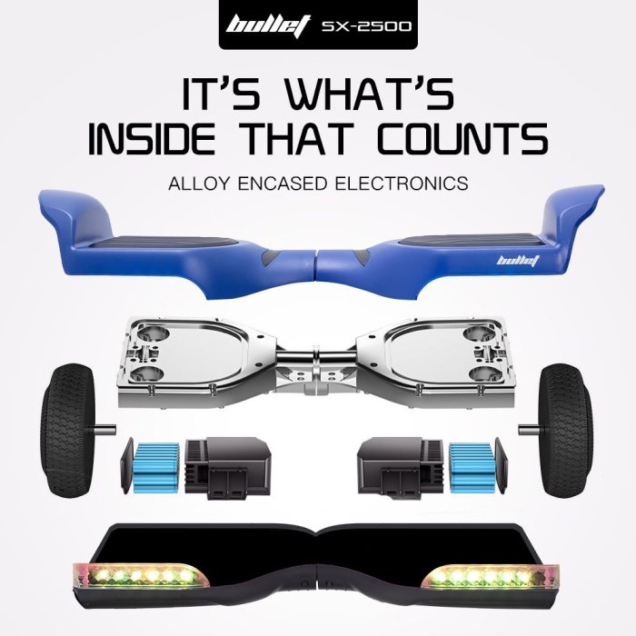 bullet sx 2500 hoverboard scooter, 500w brushless, ul certified, au compliant, 6.5 inch off road style tyres, superior self balancing system, led lights, blue bullet sx 2500 hoverboard scooter, 500w brushless, ul certified, au compliant, 6.5 inch off road style tyres, superior self balancing system, led lights, blue