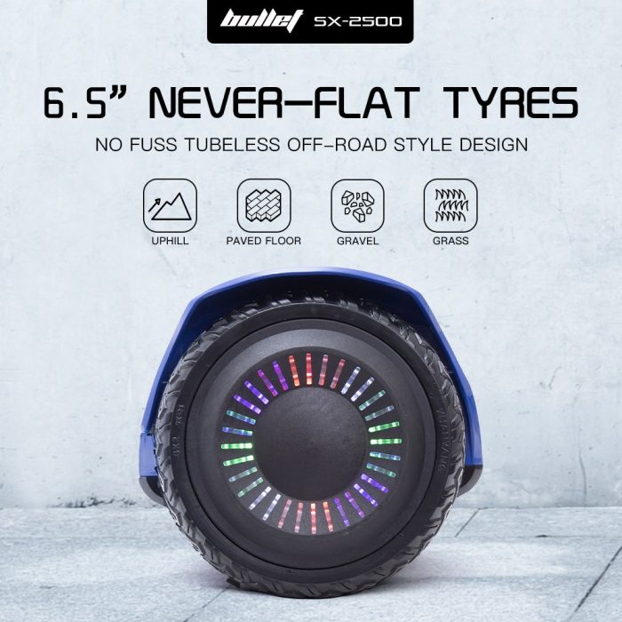 bullet sx 2500 hoverboard scooter, 500w brushless, ul certified, au compliant, 6.5 inch off road style tyres, superior self balancing system, led lights, blue bullet sx 2500 hoverboard scooter, 500w brushless, ul certified, au compliant, 6.5 inch off road style tyres, superior self balancing system, led lights, blue