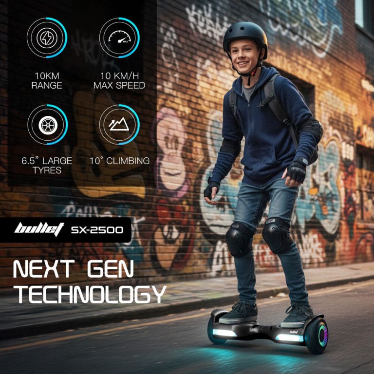 bullet sx 2500 hoverboard scooter, 500w brushless, ul certified, au compliant, 6.5 inch off road style tyres, superior self balancing system, led lights, black bullet sx 2500 hoverboard scooter, 500w brushless, ul certified, au compliant, 6.5 inch off road style tyres, superior self balancing system, led lights, black