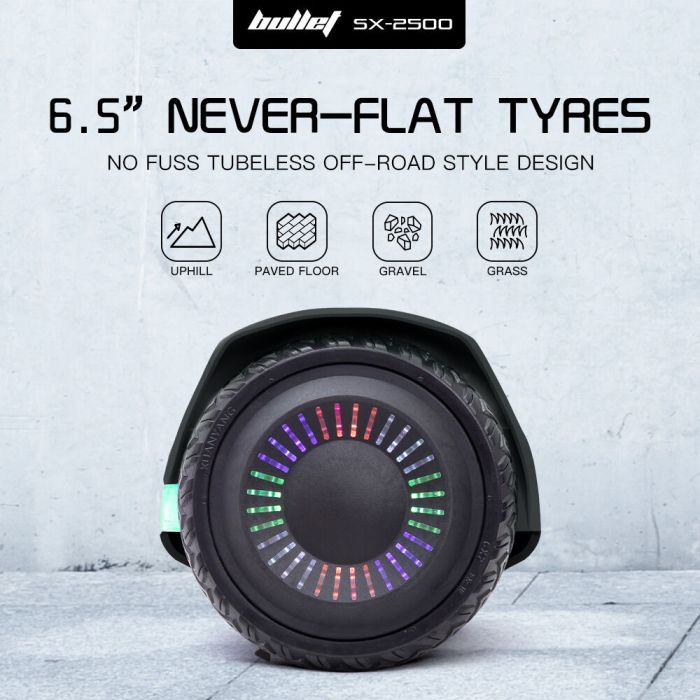 bullet sx 2500 hoverboard scooter, 500w brushless, ul certified, au compliant, 6.5 inch off road style tyres, superior self balancing system, led lights, black bullet sx 2500 hoverboard scooter, 500w brushless, ul certified, au compliant, 6.5 inch off road style tyres, superior self balancing system, led lights, black
