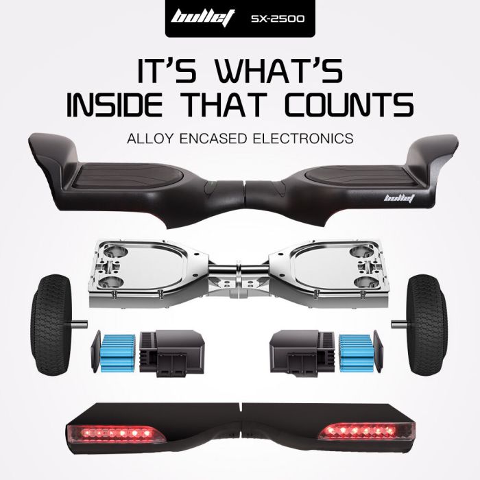 bullet sx 2500 hoverboard scooter, 500w brushless, ul certified, au compliant, 6.5 inch off road style tyres, superior self balancing system, led lights, black bullet sx 2500 hoverboard scooter, 500w brushless, ul certified, au compliant, 6.5 inch off road style tyres, superior self balancing system, led lights, black