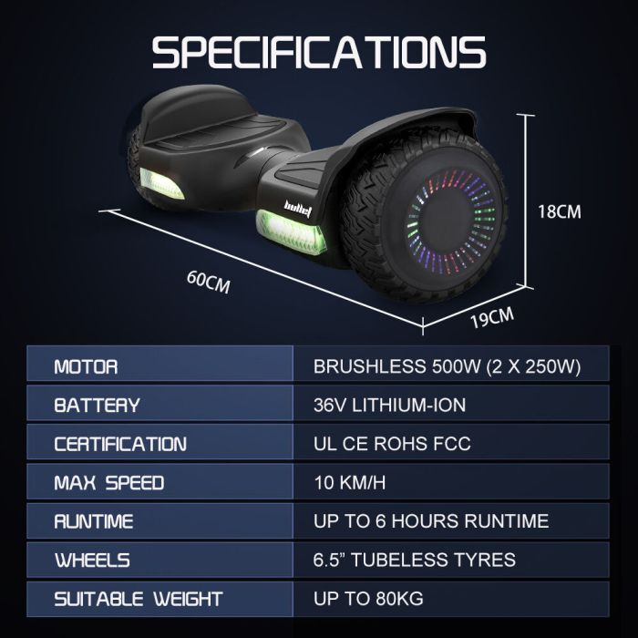 bullet sx 2500 hoverboard scooter, 500w brushless, ul certified, au compliant, 6.5 inch off road style tyres, superior self balancing system, led lights, black bullet sx 2500 hoverboard scooter, 500w brushless, ul certified, au compliant, 6.5 inch off road style tyres, superior self balancing system, led lights, black