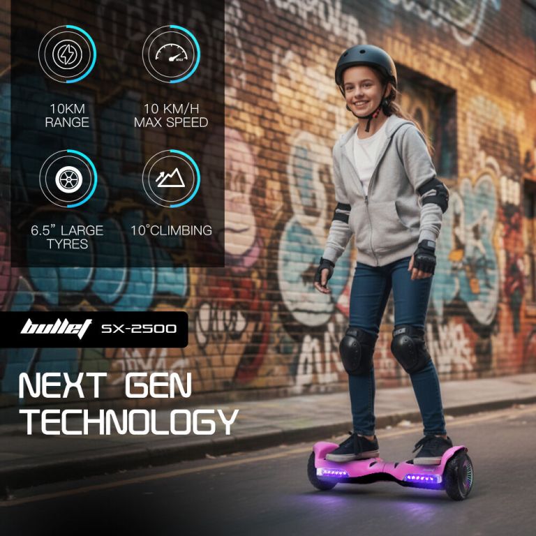 bullet sx 2500 hoverboard scooter, 500w brushless, ul certified, au compliant, 6.5 inch off road style tyres, superior self balancing system, led lights, pink