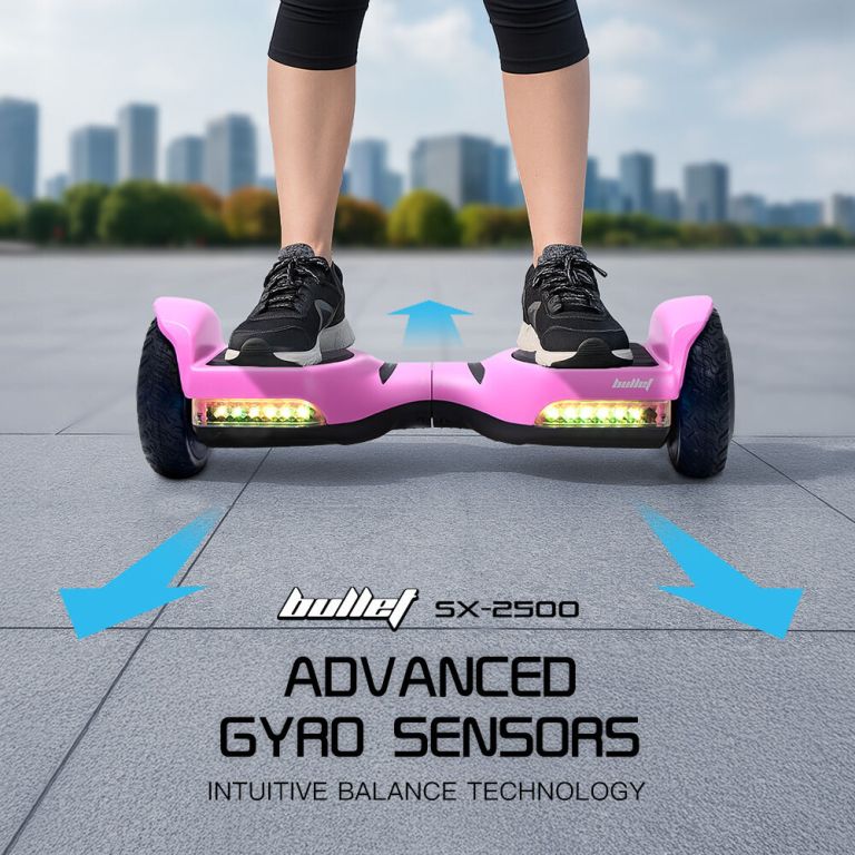 bullet sx 2500 hoverboard scooter, 500w brushless, ul certified, au compliant, 6.5 inch off road style tyres, superior self balancing system, led lights, pink