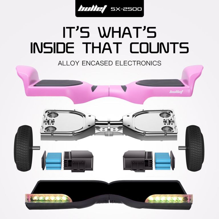 bullet sx 2500 hoverboard scooter, 500w brushless, ul certified, au compliant, 6.5 inch off road style tyres, superior self balancing system, led lights, pink