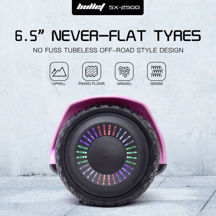 bullet sx 2500 hoverboard scooter, 500w brushless, ul certified, au compliant, 6.5 inch off road style tyres, superior self balancing system, led lights, pink bullet sx 2500 hoverboard scooter, 500w brushless, ul certified, au compliant, 6.5 inch off road style tyres, superior self balancing system, led lights, pink