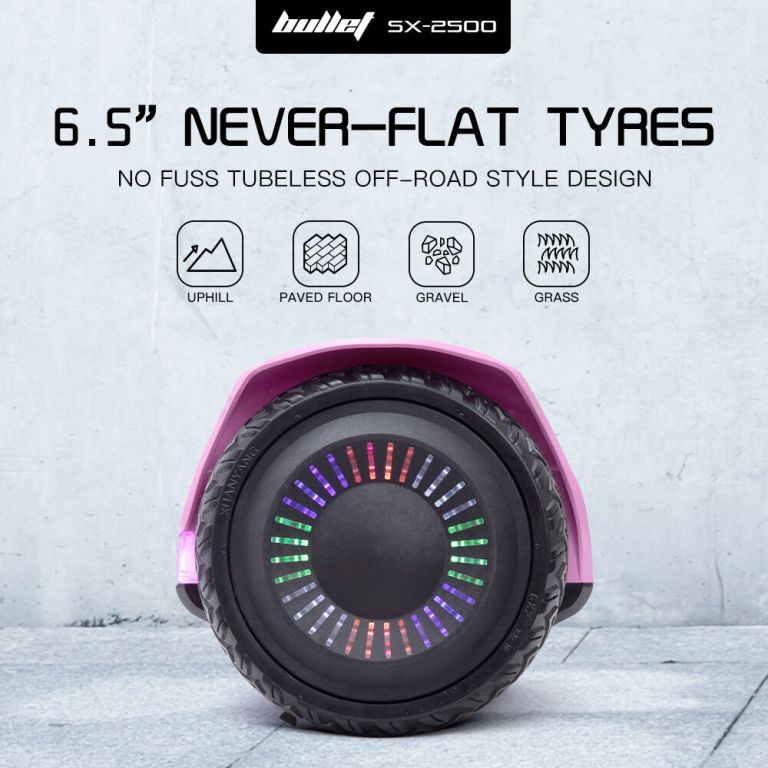 bullet sx 2500 hoverboard scooter, 500w brushless, ul certified, au compliant, 6.5 inch off road style tyres, superior self balancing system, led lights, pink