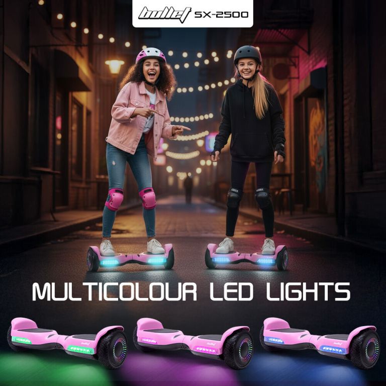 bullet sx 2500 hoverboard scooter, 500w brushless, ul certified, au compliant, 6.5 inch off road style tyres, superior self balancing system, led lights, pink