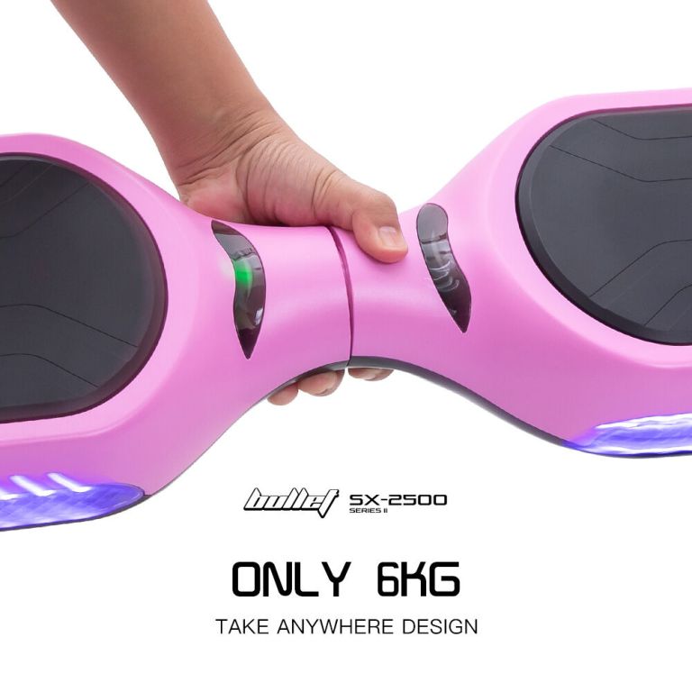 bullet sx 2500 hoverboard scooter, 500w brushless, ul certified, au compliant, 6.5 inch off road style tyres, superior self balancing system, led lights, pink