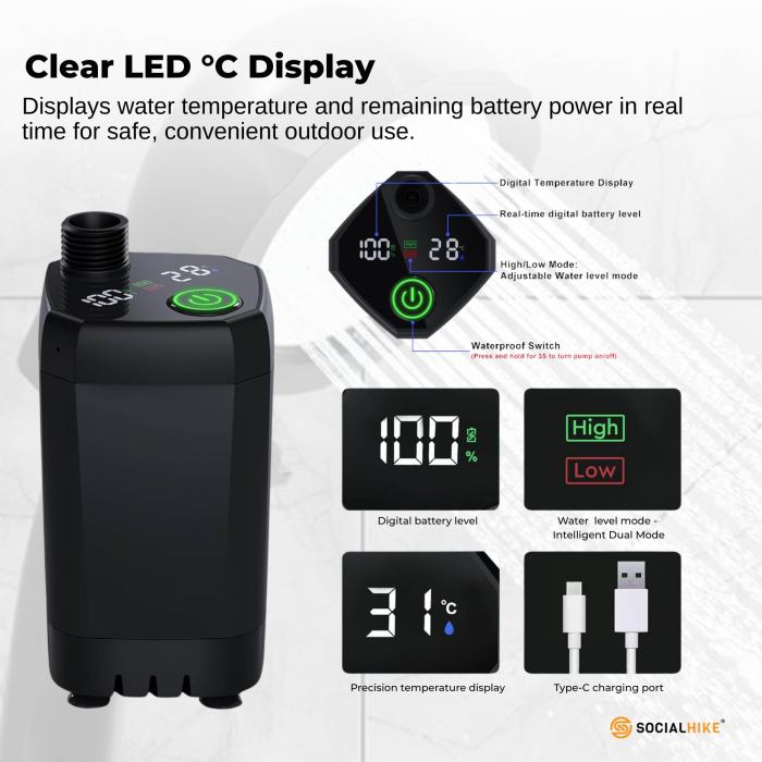 social hike portable camping shower kit 6000mah outdoor rechargeable pump led