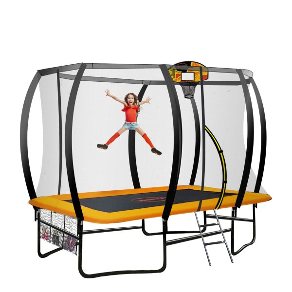 kahuna 6 ft x 9 ft rectangular outdoor trampoline with basketball set orange