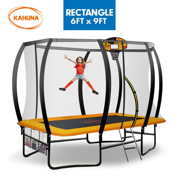 kahuna 6 ft x 9 ft rectangular outdoor trampoline with led basketball set orange
