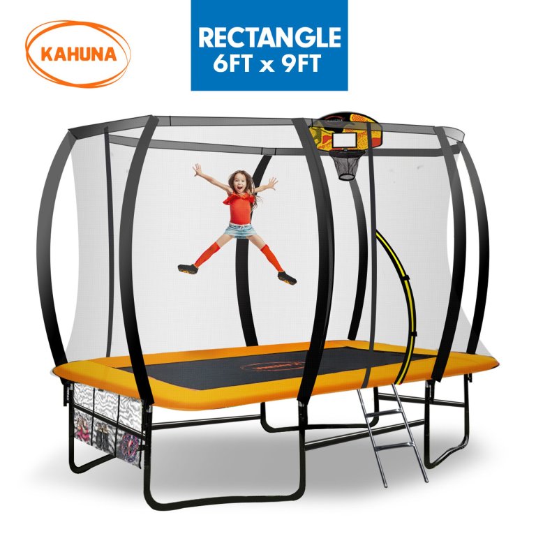 kahuna 6 ft x 9 ft rectangular outdoor trampoline with led basketball set orange kahuna 6 ft x 9 ft rectangular outdoor trampoline with led basketball set orange