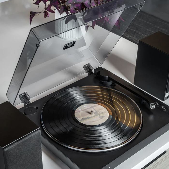 victrola automatic turntable + victrola tempo bookshelf speakers bundle black