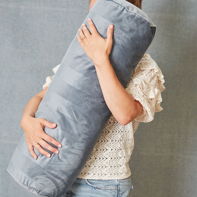 kaat amsterdam softy stripe blue grey oblong neckroll filled cushion 22cm x 70cm
