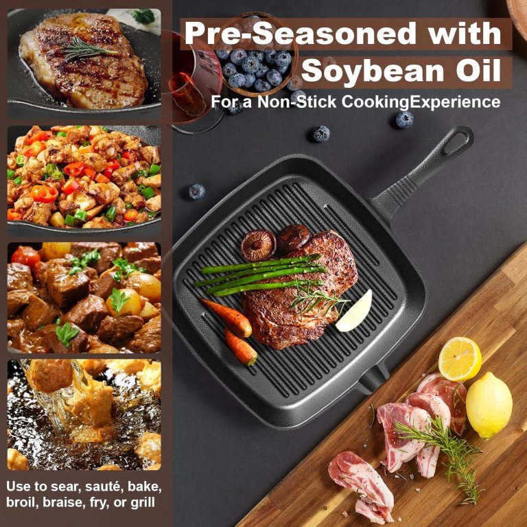 four piece set heavy duty cast iron skillet & grill pan thickened vintage style cookware for steak breakfast & camping