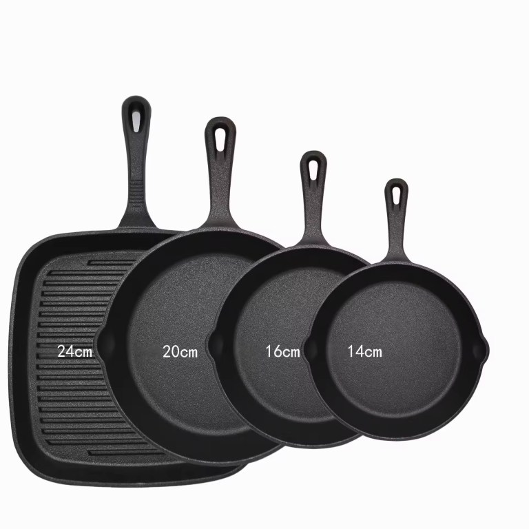 four piece set heavy duty cast iron skillet & grill pan thickened vintage style cookware for steak breakfast & camping