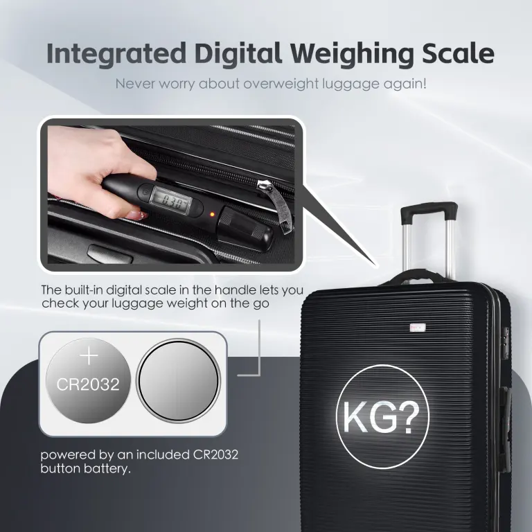 28 digital weighing scale and usb charging port lightweight luggage suitcase black"