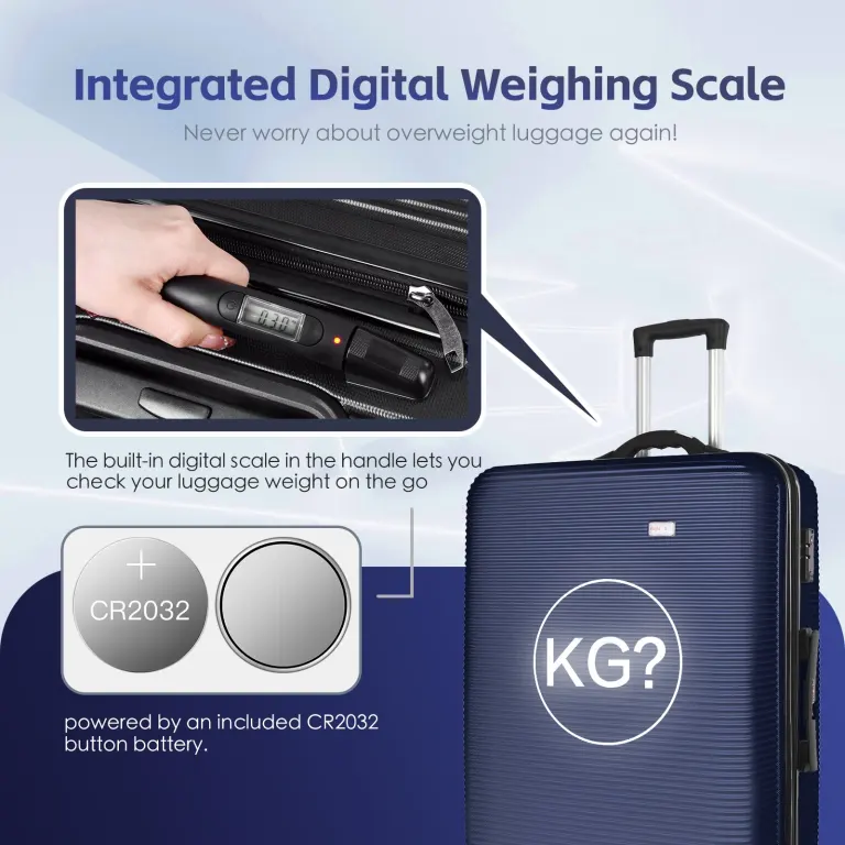 24 digital weighing scale and usb charging port lightweight luggage suitcase silver blue"